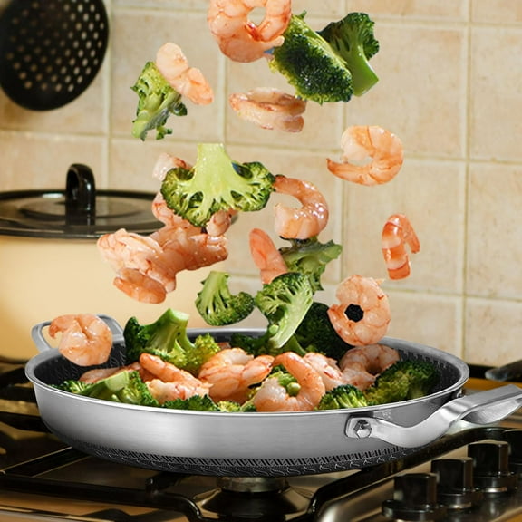 13 Inch Paella Pan, Stainless Steel with Lid,  Nonstick Coating, Oven Safe, Dishwasher Safe, Induction, Gas, Electric Stove Compatible