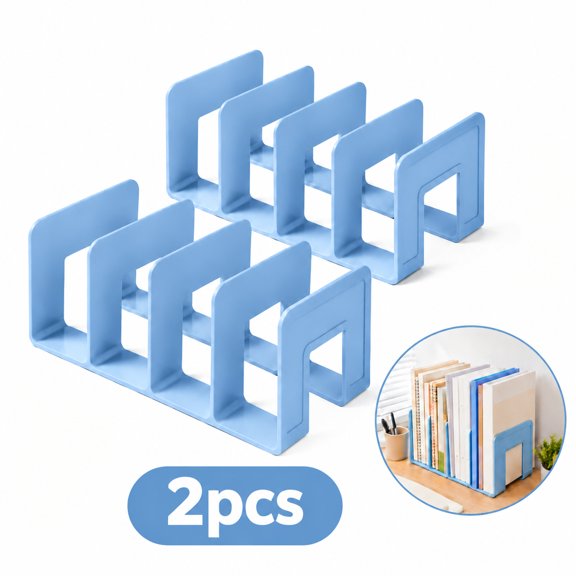 2Pcs Binder Holder, Sturdy Blue 5-Slot Vertical Desktop Bookshelf Rack, Space-Saving File Sorter for Office Workspace