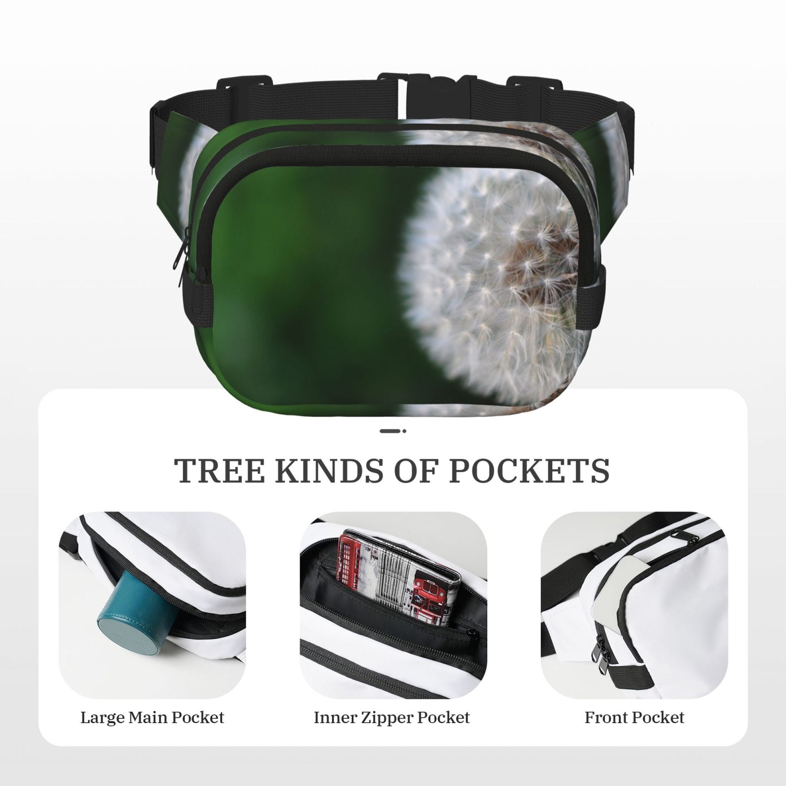 Rateoe Dandelion Print Fanny Pack Belt Bag for Women and Men, Square Double-Layer Waterproof Waist Pack with Adjustable Strap for Hiking, Jogging, Cycling