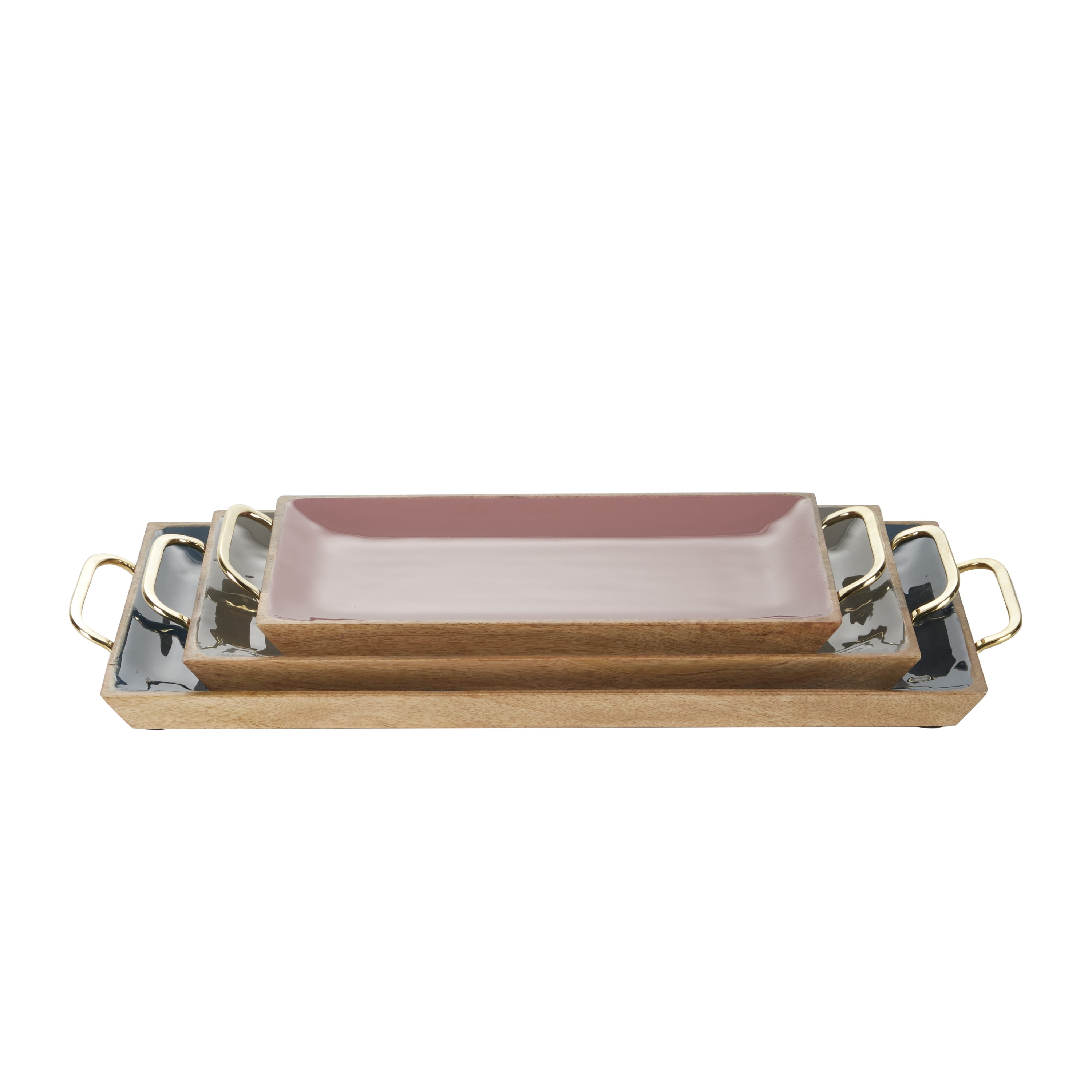DecMode 24", 18", 15"W Multi Colored Mango Wood  Tray with Enamel Interior, 3-Pieces