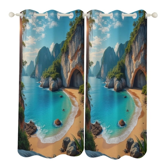 Tropical Beach Cave Sunset 2 Panels Blackout Curtains for Bedroom Living Room Drapes Kitchen Room Window Blackout Curtain Grommet