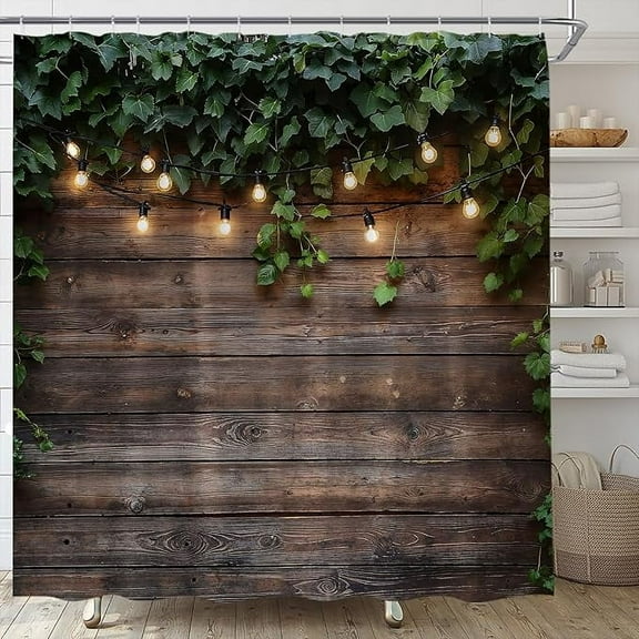 Rustic Wooden Board Shower Curtain Green Leaf Vine Ivy On Vintage Wood Barn Plank Farmhouse Country Antique Garden Fabric Bathroom Curtain With Hooks 36"W x 72"L