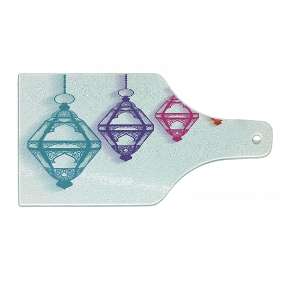 Lantern Cutting Board, Celebration with Hanging Fanoos Festivities Theme Print, Decorative Tempered Glass Cutting and Serving Board, Wine Bottle Shape, Multicolor, by Ambesonne