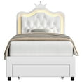 thumbnail image 4 of Homfa Twin Size Bed, LED Upholstered Bed with Adjustable Crystal Button Tufted Crown Headboard, Soft PU Platform Bed Frame with Storage Drawer, White, 4 of 8