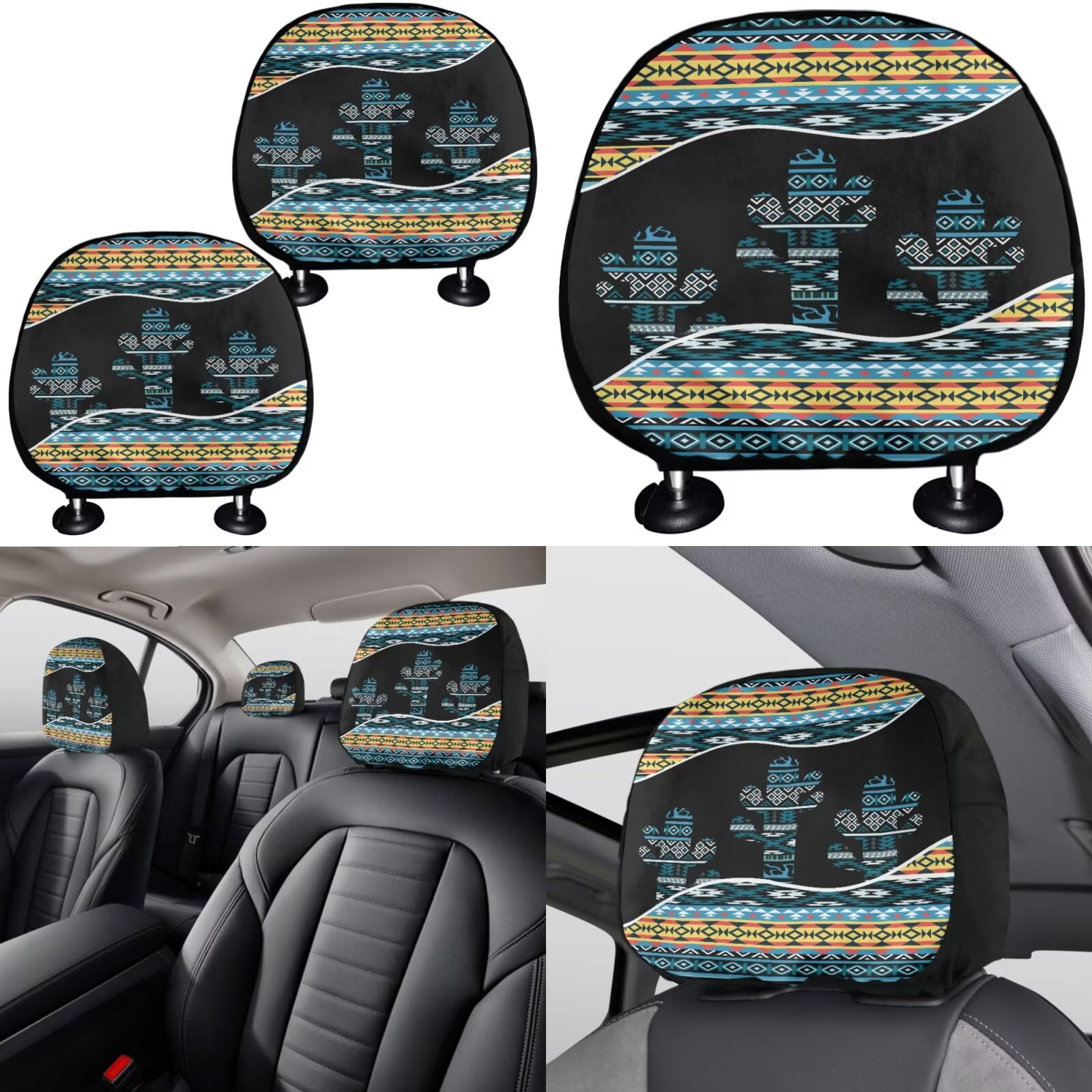 Garronmavis Aztec Cactus Pattern Universal Polyester Car Seat Covers Full Set Steering Wheel Cover Gear Shift Cover Handbrake Cover Headrest Cover Cup Coasters for Accessories Interior Sets