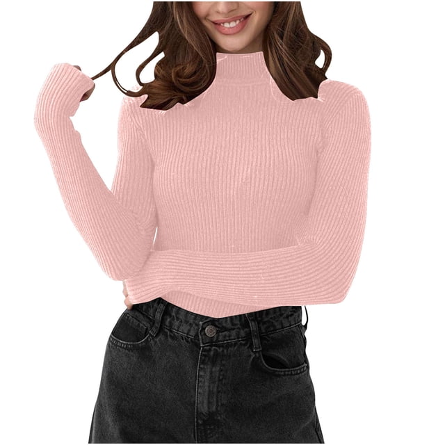 Long Sleeve Mock Neck Sweaters Women Basic Layers Slim-Fit Knit Sweater Classic Plain Pullover Fall Tops Pink, Free Size