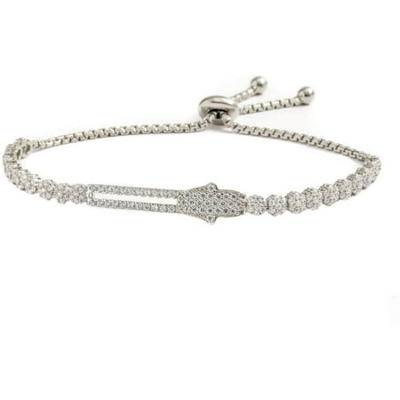 Pori Jewelers CZ Sterling Silver Bar with Hamsa Friendship Bolo Adjustable Bracelet