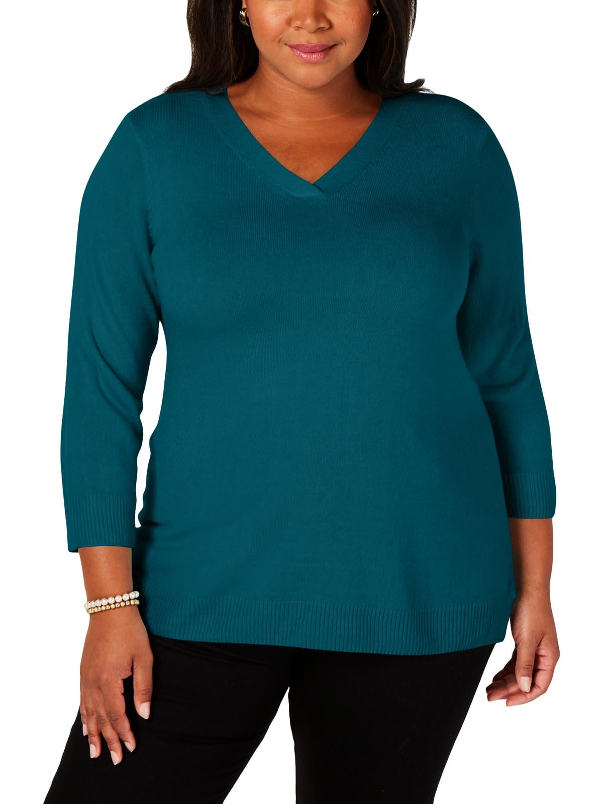 Karen Scott - Long Sleeve V-Neck Pullover Sweater - 2X - Green top - Loc 9733