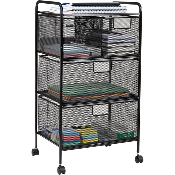 Cart with Drawers, Multipurpose Office Organizer, Utility Cart, Rolling Storage, Metal Mesh, Black