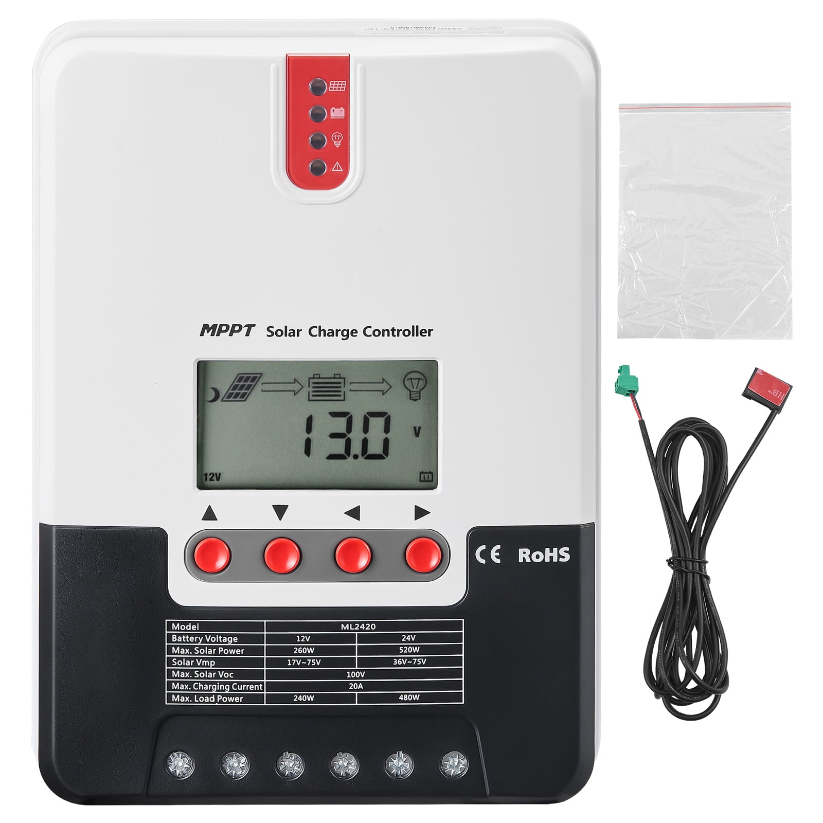 KFFKFF 20A MPPT Solar Charge Controller, Auto 12V/24V DC, Includes LCD Display & Temperature Sensor Cable, Compatible with AGM, Gel, Flooded & Lithium Batteries