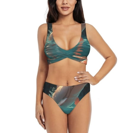 Zeuib Flower White Dolphin High Waisted Tummy Control Bikini Set - Knot Front Push Up Top & Cheeky Thong Bottom  Two-Piece Swimsuit for Women-XX-Large