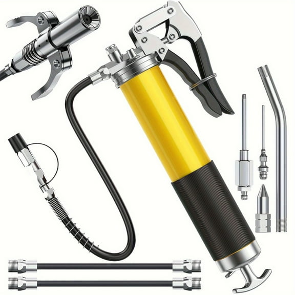 Grease Gun Kit, 7000 PSI Leak-Proof Pistol Grip Grease Gun with Lock Coupler, 18" Spring Flex Hose, 14oz Load, 2 Standard Hose, Grease Injector, Needle, Coupler, Rigid Pipe, Sharp Nozzle