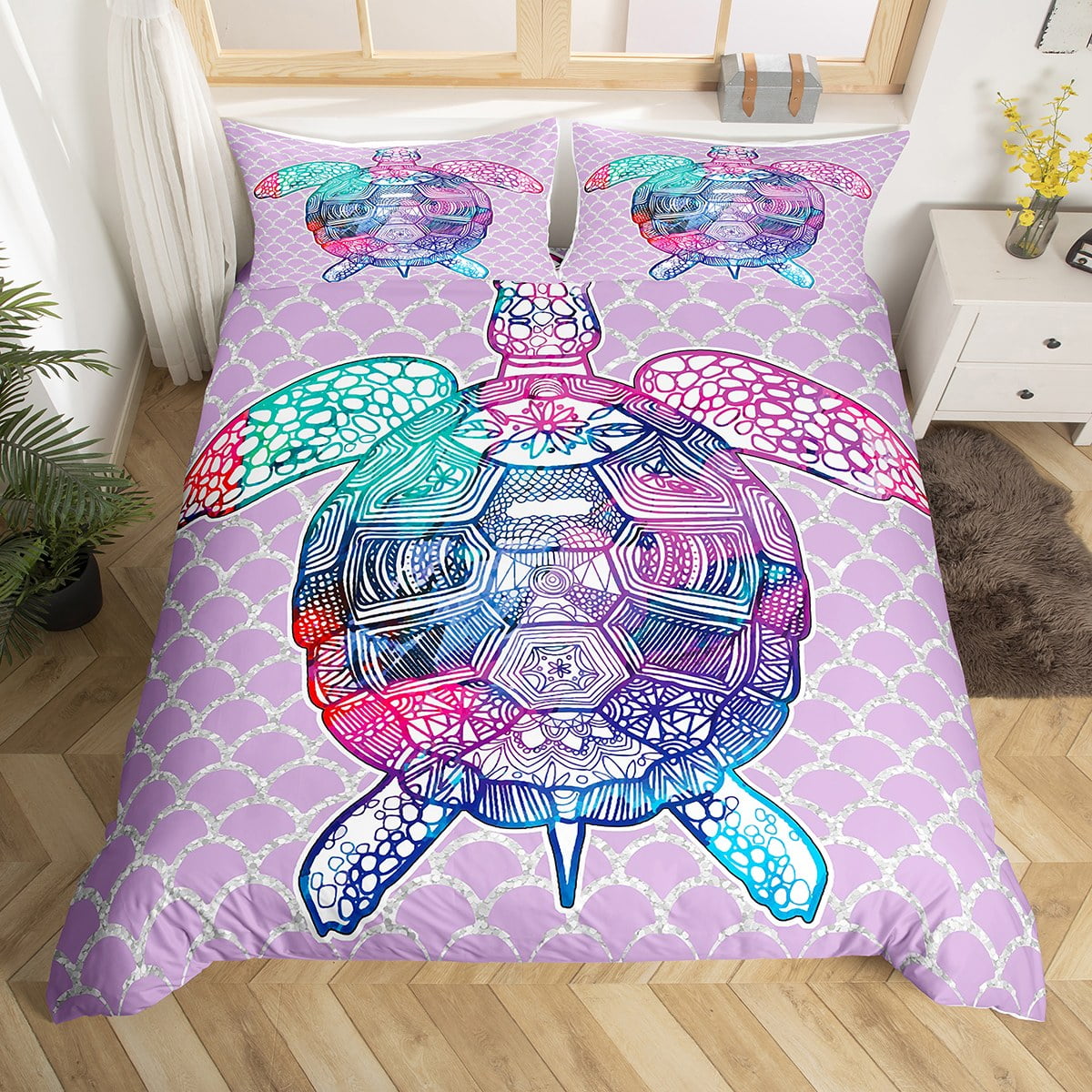 Sea Turtle Duvet Cover Cartoon Retro Turtles Bedding Set for Boys Girls