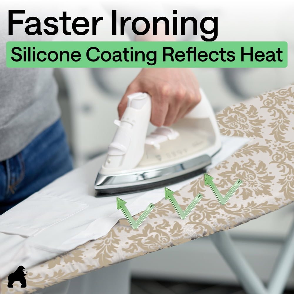 GORILLA GRIP Scorch Resistant Ironing Board Cover, Silicone Coating, Hook and Loop Fastener Strap, Damask