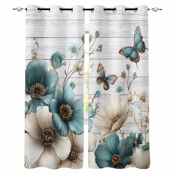 Teal Tulip Butterfly Blackout Curtains for Bedroom, Beige Turquoise Floral Grey Wooden Thermal Insulated Kitchen Drapes with Grommets, Light Blocking Window Treatment, 2 Panels 52" x 63"