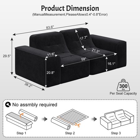 83.6" Sparkling Chenille Modular Sectional Sofa - Tufted 3-Seater Couch for Living Room, Apartment, Office - No Assembly Required, Deep Seat Comfort, Ergonomic Support, Black