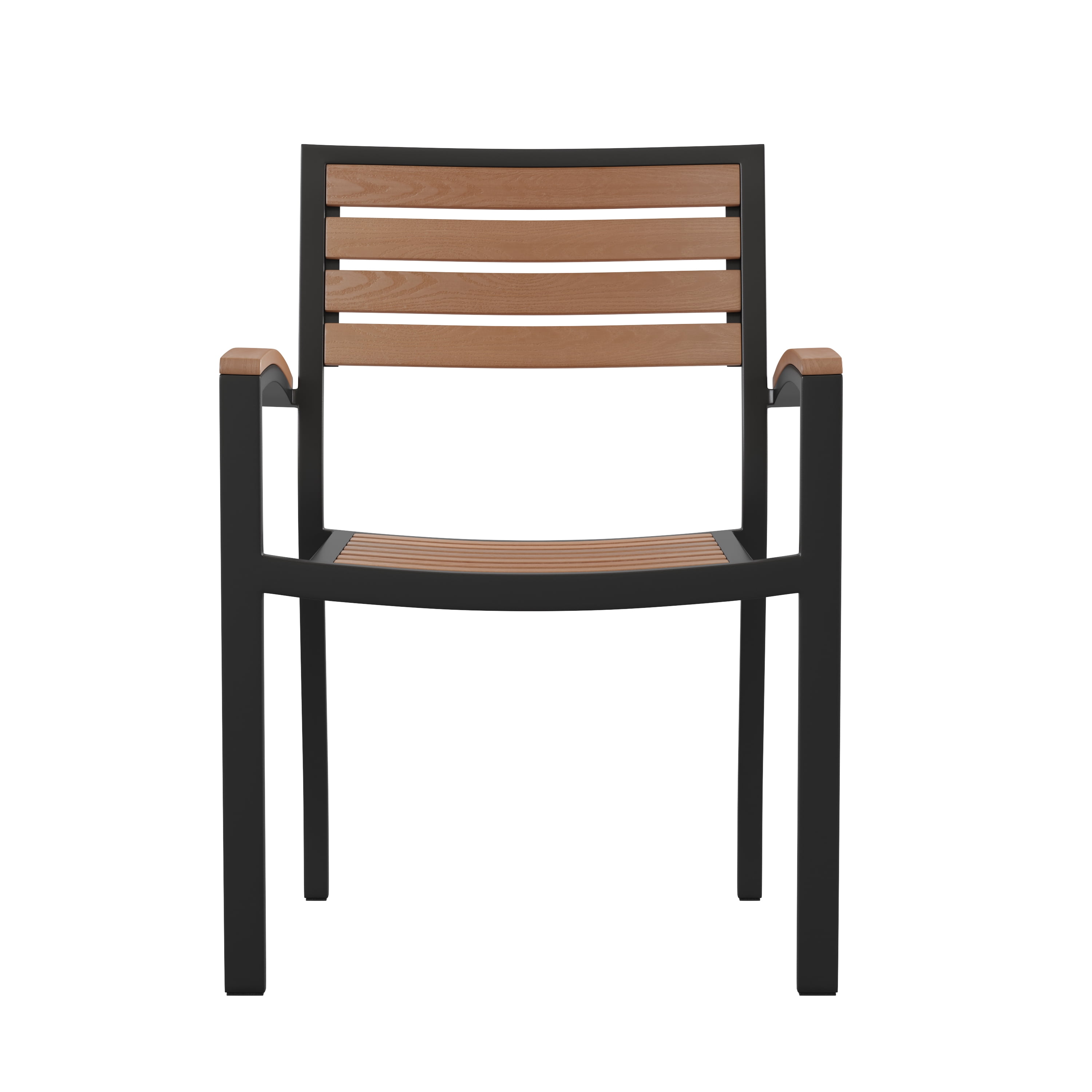 BizChair Outdoor Stackable Faux Teak Side Chair - Commercial Grade Black Aluminum Patio Chair with Synthetic Teak Slats - Set of 4