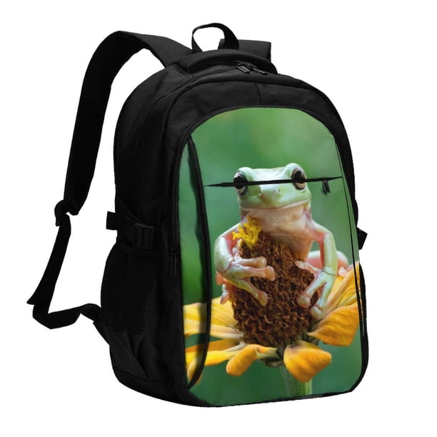 Balery Tree Frog Sitting On Sunflowes Mochila con carga USB para hombre y mujer - Mochila impermeable y antirrobo para portátil con puerto USB para viajes, trabajo, estudios y universidad