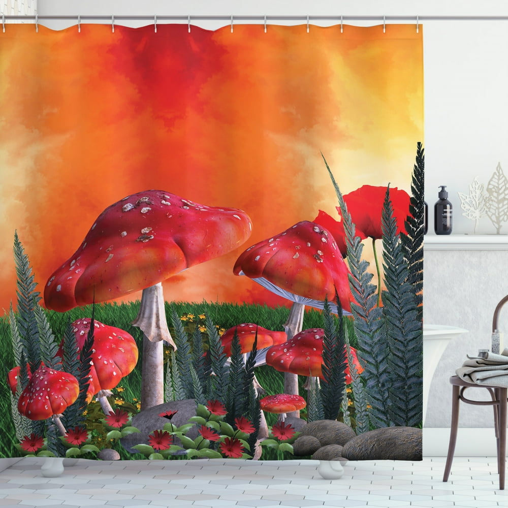 Mushroom Shower Curtain, Mushrooms Magic Place Imaginary Clouds Clipart