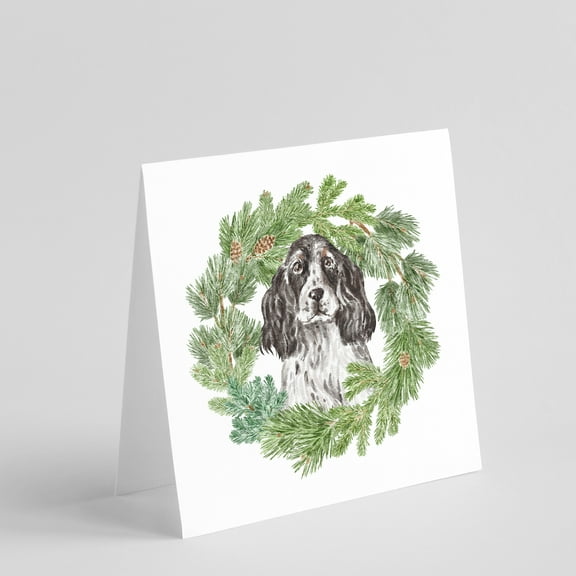 Cocker Spaniel Black and White Ticked with Christmas Wreath Square Greeting Cards and Envelopes Pack of 8 5 in x 5 in