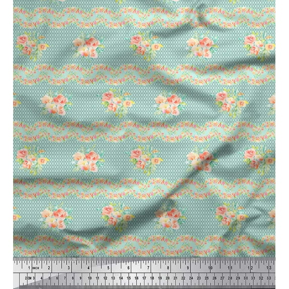 Soimoi Green Poly Georgette Fabric Leaves,Peach Flower & Stripe Printed Fabric 1 Yard 52 Inch Wide