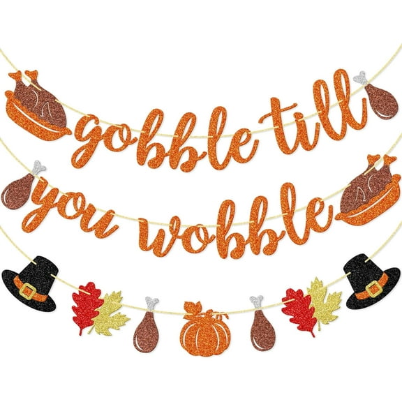 Gobble Till You Wobble Banner, Pre-strung Thanksgiving Dinner Banner with Turkey and Ham Signs, Decor for Friendsgiving Decorations