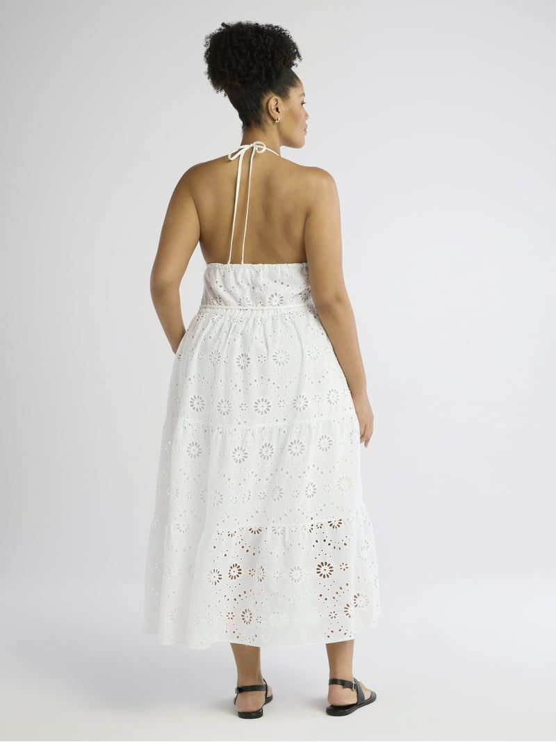 Time and Tru Women's Eyelet Halter Dress, Midi, Sleeveless, Adjustable Tie,  Allover Embroidery - Walmart.com