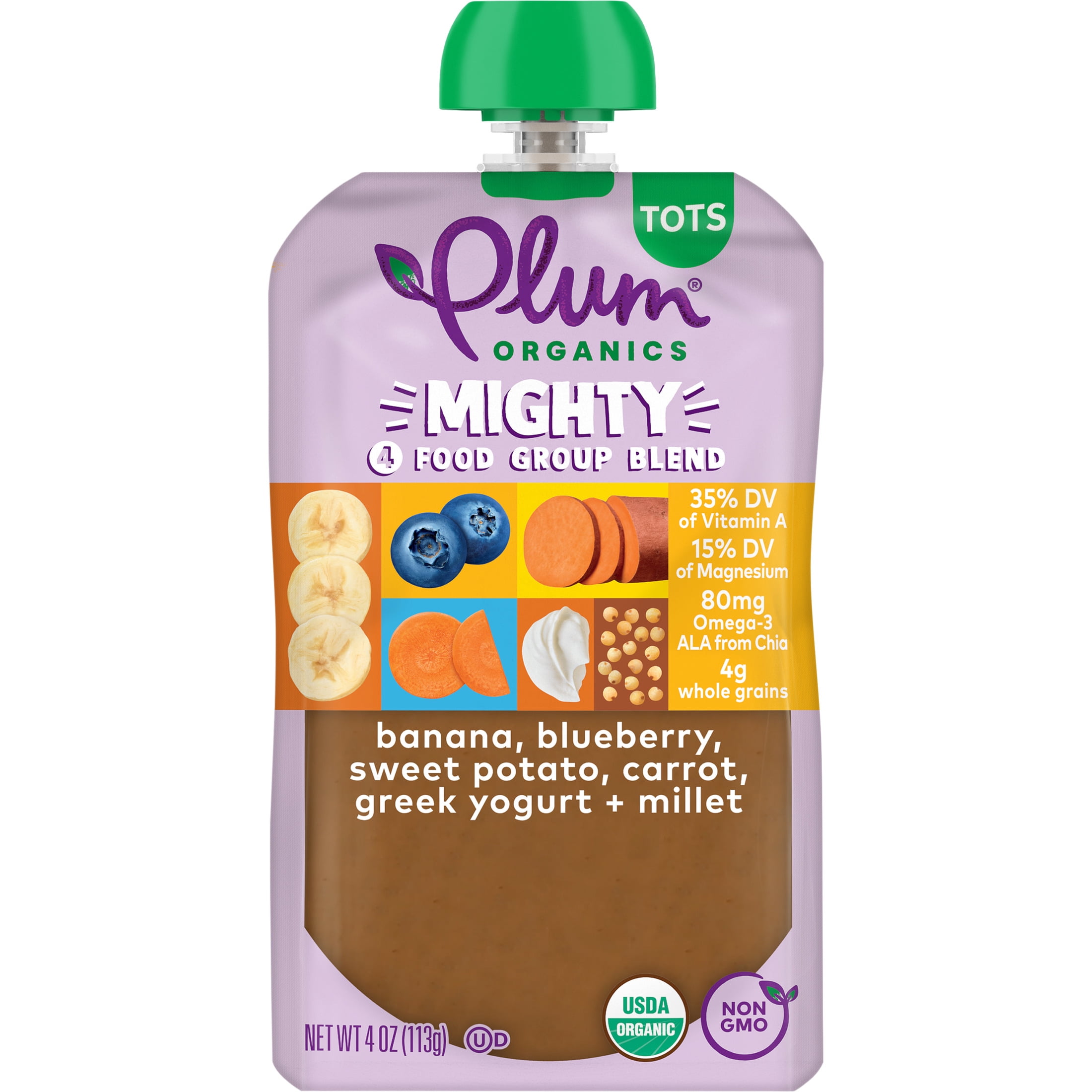 (4 pack) Plum Organics® Tots Mighty 4 Food Group Blend Banana, Blueberry, Sweet Potato, Carrot, Greek Yogurt + Millet 4oz Pouch