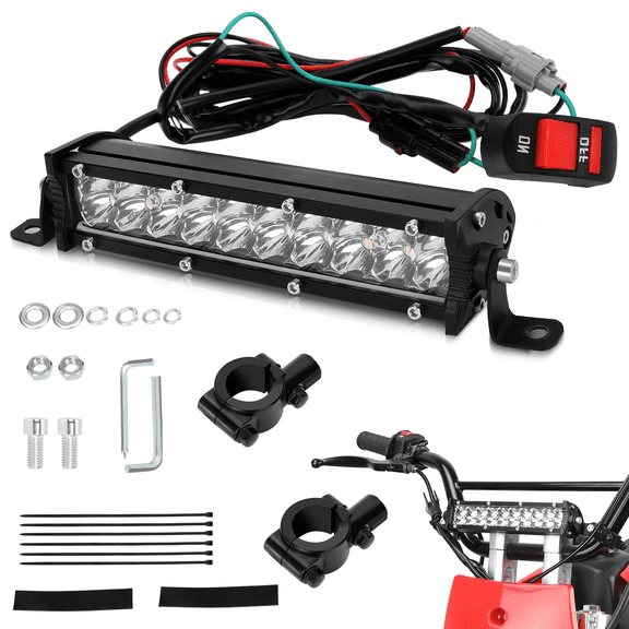 Universal Dirt Bike Light Bar Kit for 110cc 125cc Pit Bike CRF110 KLX110 TTR110, 60W 2500LM Motorcycle LED Headlight Lightbar for 7/8" Handlebar Mini Bike ATV Dirt Rocket Go Kart E-Bike