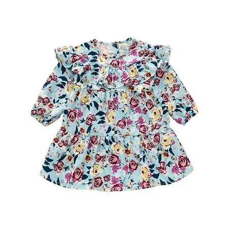 

3T Baby Girls Dress 4T Girls Long Sleeve Dress Round Neck Flower Print Toddler Girls Floral Dress