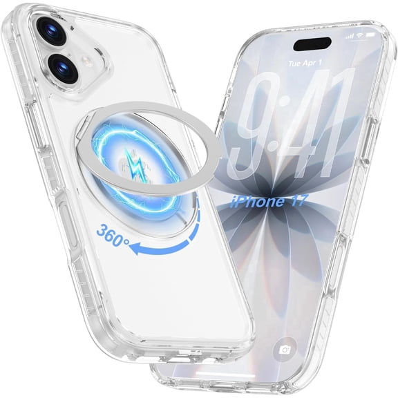 iPhone 17 Case with Stand, 360 Magnetic Ring Stand, Military-Grade Protection [Compatible with MagSafe] Shockproof Case for iPhone 17, 6.3 inch, Slim Phone Cover Adjustable Foldable Kickstand, Clear