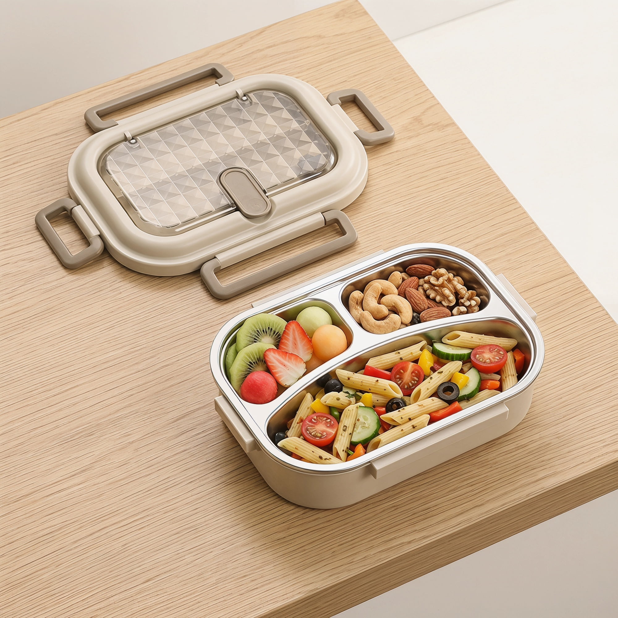 Unique Bargains Leak-Proof Meal Lunch Bento Box with Stainless Steel Light Brown-2
