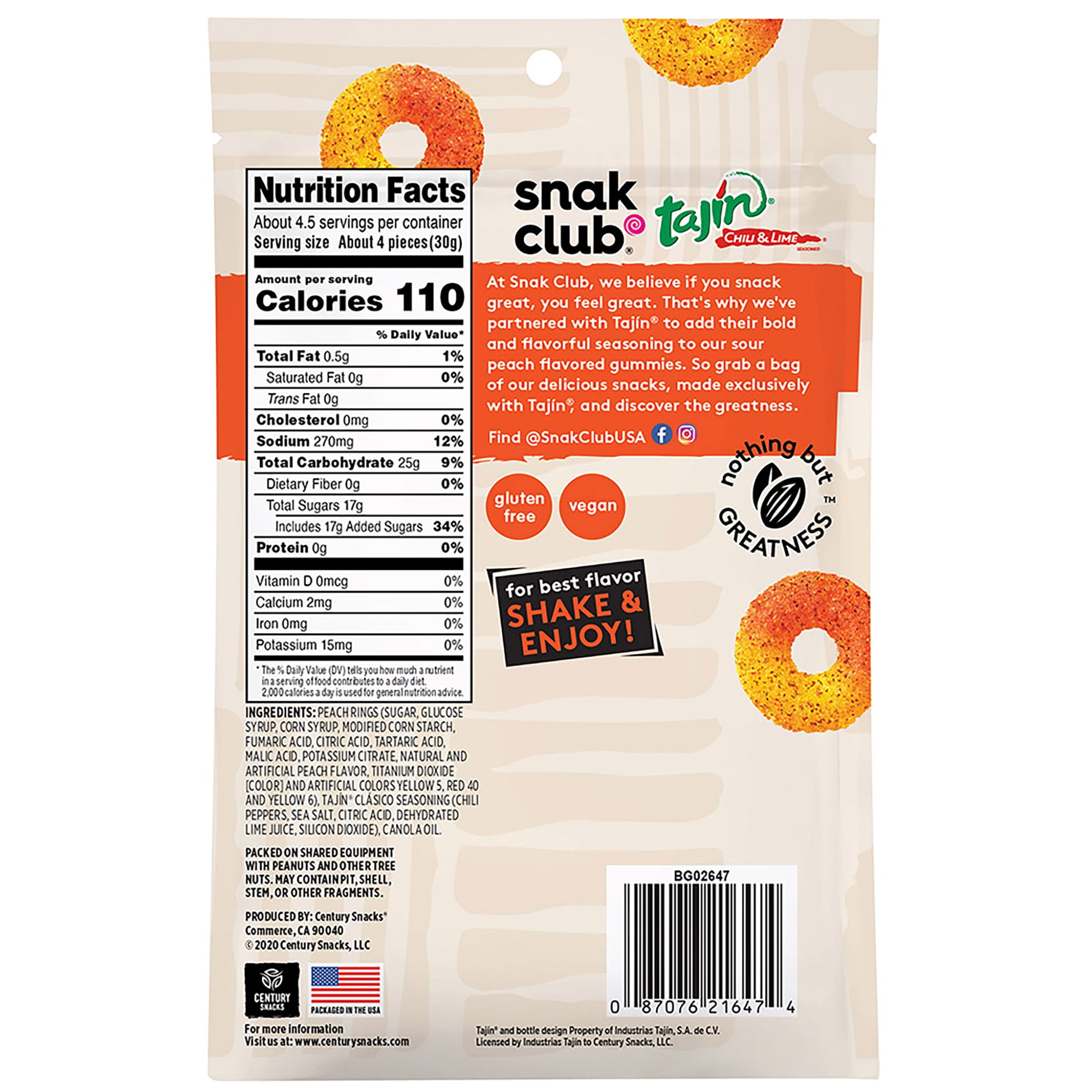 Snak Club 5 Ounce Tajin Peach Rings, 6 Pack