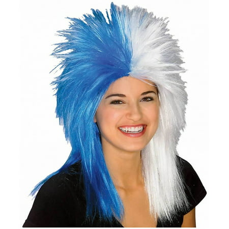 Adult Blue and White School and Team Spirit Sports Fanatix Wig