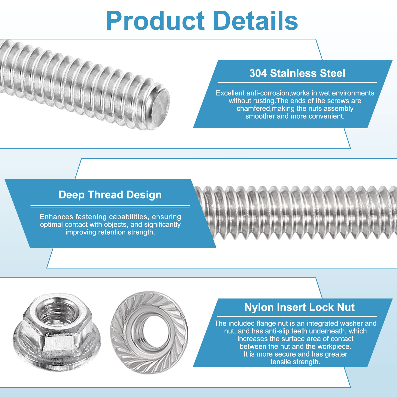 Uxcell 2 Set M4 x 0.7mm Fully Threaded Rods 7 Size, 304 Stainless Steel All Threaded Rod Metric Right Hand Threads with 28Pcs Flange Nut for Clamps Hangers U-Bolt