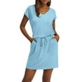 thumbnail image 3 of Evdexr Womens Drawstring Tshirt Dresses Midi Cinched Waist Dresses Short Sleeve V Neck Vacation Dress Petite Tummy Control Elastic High Waist Babydoll Sundress with Pockets Light Blue 2XL, 3 of 5