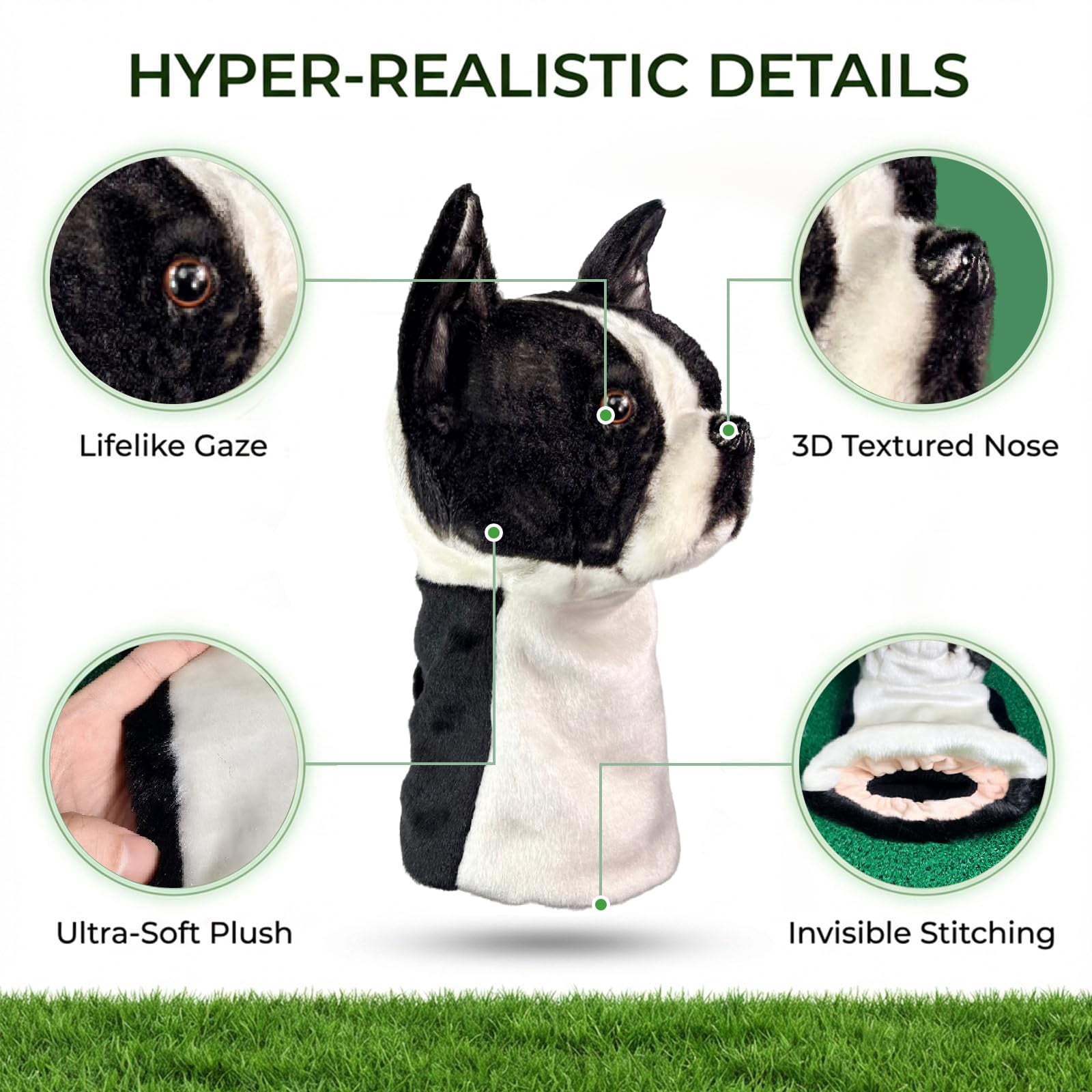FurEverClone Boston Terrier Golf Club Headcover, Dog Golf Driver & Woods Club Cover, Golden Dog Golf Head Cover