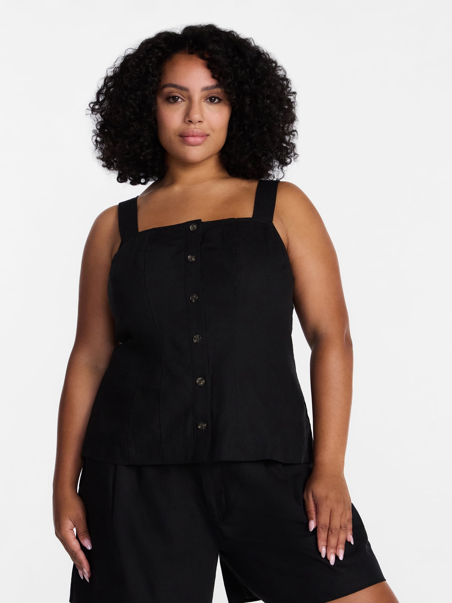 Time and Tru Women's Linen Blend Button Front Tank Top with Adjustable Straps, Sizes XS-XXXL