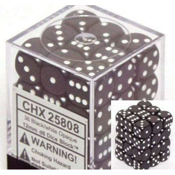 Opaque 12Mm D6 Black with White Dice Block (36 Dice)