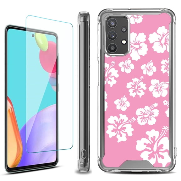 Shockproof Bumper Phone Case for Samsung Galaxy A53 5G, with Tempered Glass Screen Protector, by OneToughShield ® - Hibiscus Pink