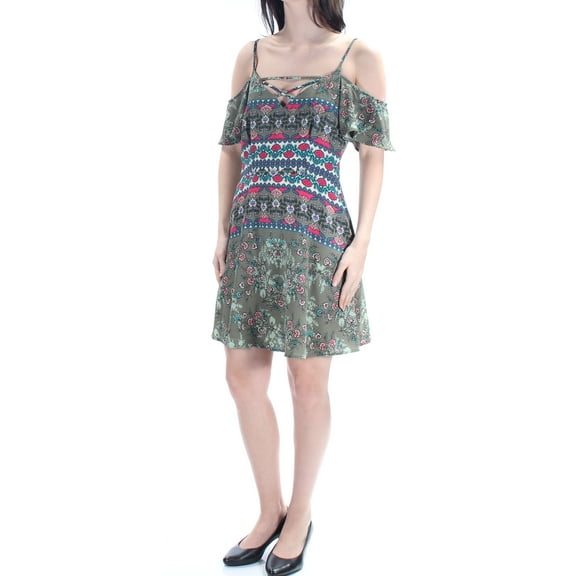 Teeze Me Juniors Cold-Shoulder Fit Flare Dress Green Multi 7/8