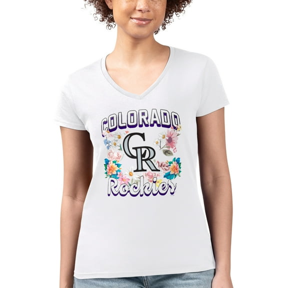 Women's G-III 4Her by Carl Banks White Colorado Rockies Super-Slim Fit Lightweight Flowers Graphic V-Neck T-Shirt