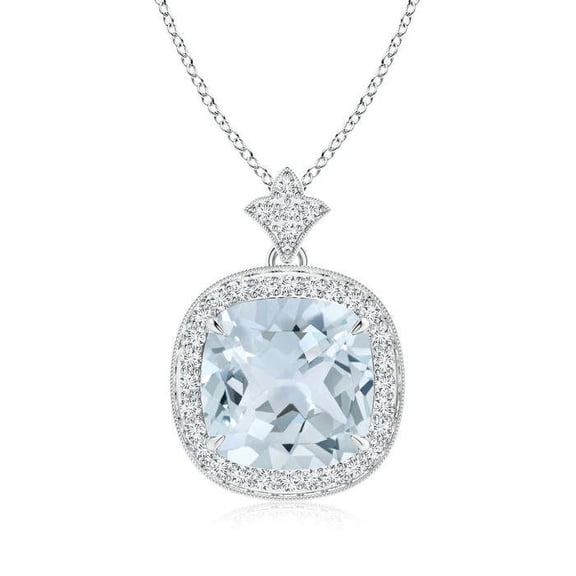 ANGARA Natural Vintage Inspired Cushion 3.5 ct Aquamarine Halo Pendant in 14K White Gold for Women (Size-10mm) | March Birthstone, Anniversary, Jewelry Gift for Women | Natural Aquamarine Necklace
