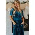 thumbnail image 6 of Women's Prussian Blue Velvet Short Sleeve Shirred Waist Tiered Maxi Dress - Elegant Boho Style - [ZhiHiMeRi] | (US 16-18)XL, 6 of 6