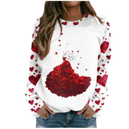 

Womens Long Sleeves Blouse Valentine s Day Fashion Love Printing Gradient Pullover Casual Loose Round Neck Ladies Tunics Sweatshirt Top