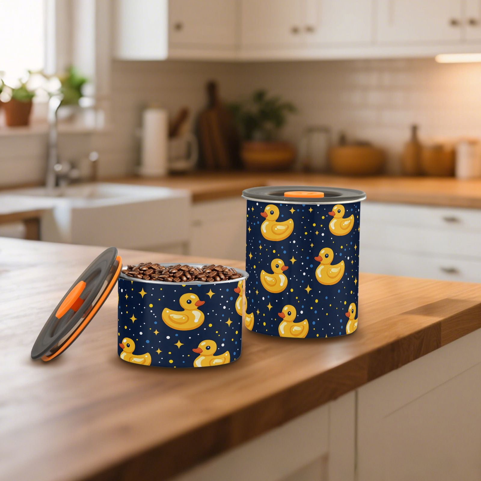 Yellow Duck Stars Airtight Coffee Bean Canister 30oz Food Storage Containers with Lids For Gournd, Tea, Sugar, Flour, Rice, Cereal, Candy Cookie Jar