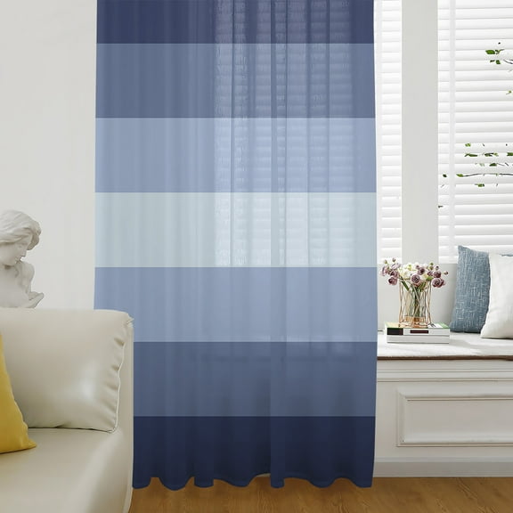 Navy Blue Ombre Semi Sheer Curtains Drapes for Living Room, Bedroom, French Doors Window 96 Inches Long, Gradient Navy Blue Woods Farmhouse Rod Pocket Chiffon Curtain Drapery Voile Draperies Panel