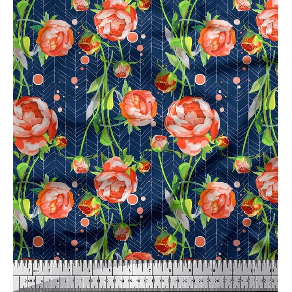 Soimoi Cotton Duck Fabric Stripe,Leaves & Peony Floral Printed Craft Fabric by The Yard 42 Inch Wide
