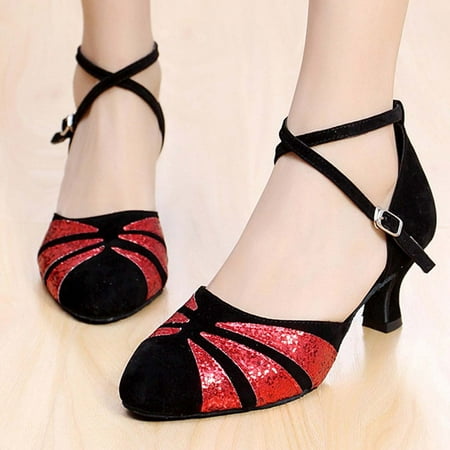 

Ecqkame Women s Middle Heels Shoes Clearance Women s Ballroom Tango Latin Dancing Shoes Sequins Shoes Social Dance Shoe Red 35