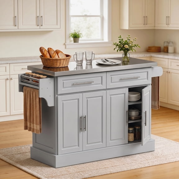 HOMCOM 57" Kitchen Island with Stainless Steel Top, Mobile Kitchen Island Cart with 2 Drawers & Cabinets, Kitchen Island Table on Wheels, Gray